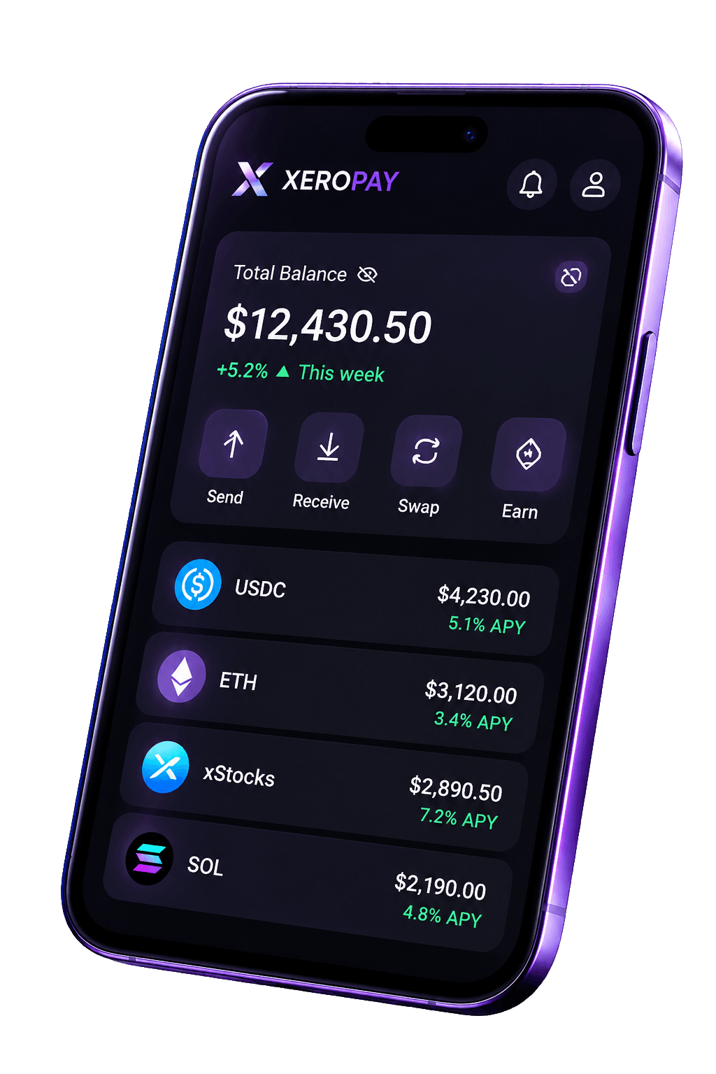 XEROPAY app mockup on a phone